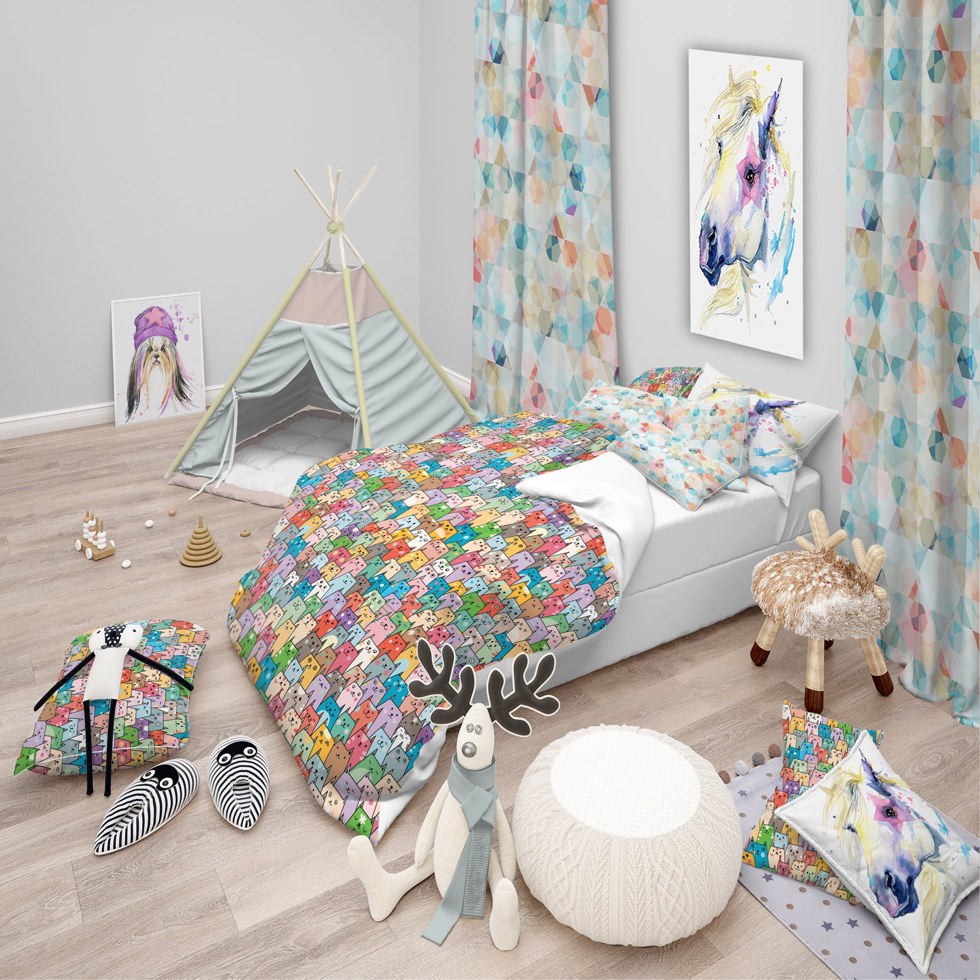 Designart 'Funny Cat'S Heads Pattern' Modern kids Duvet Cover Set