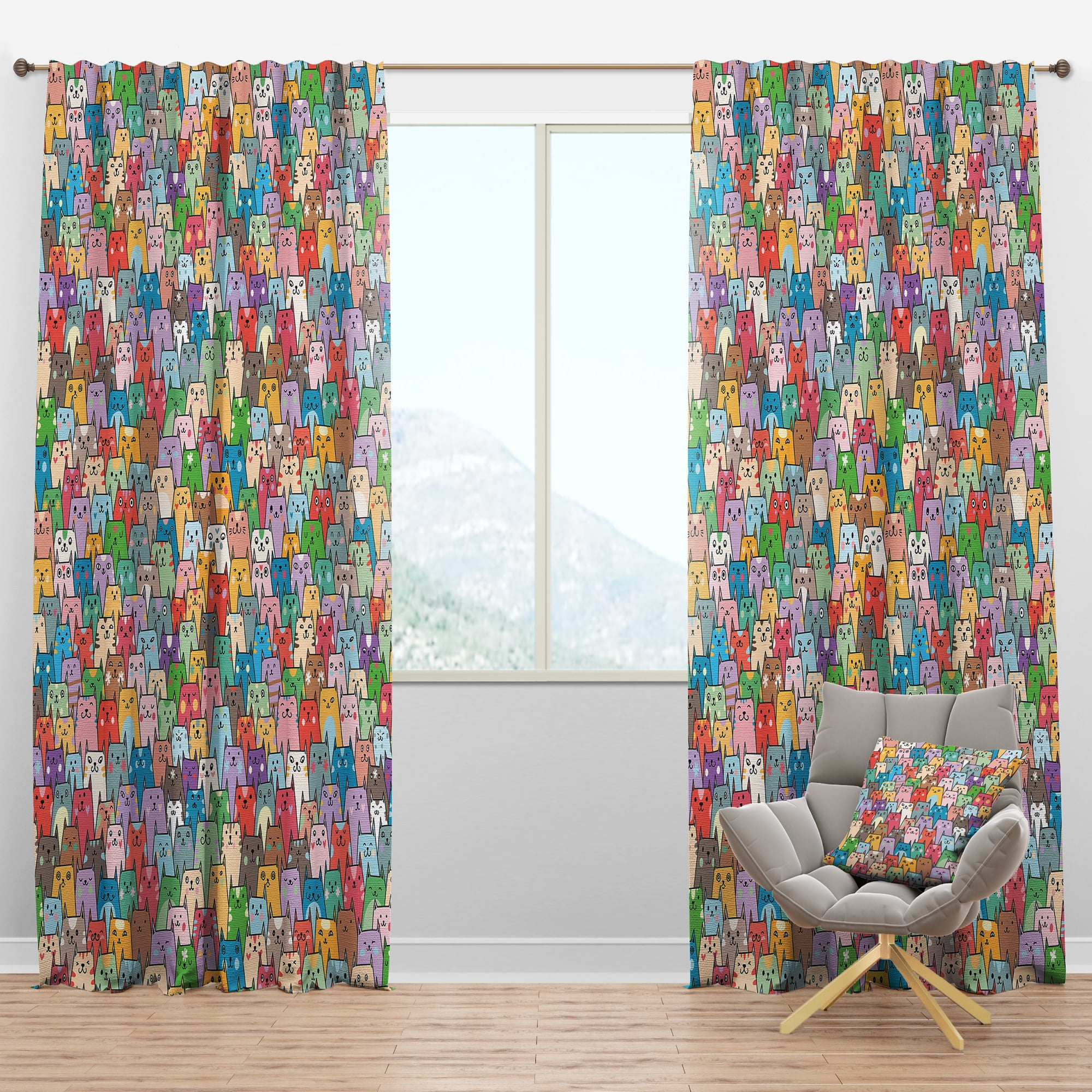 Designart 'Funny CatS Heads Collage Pattern ' Modern Blackout Curtain Panel