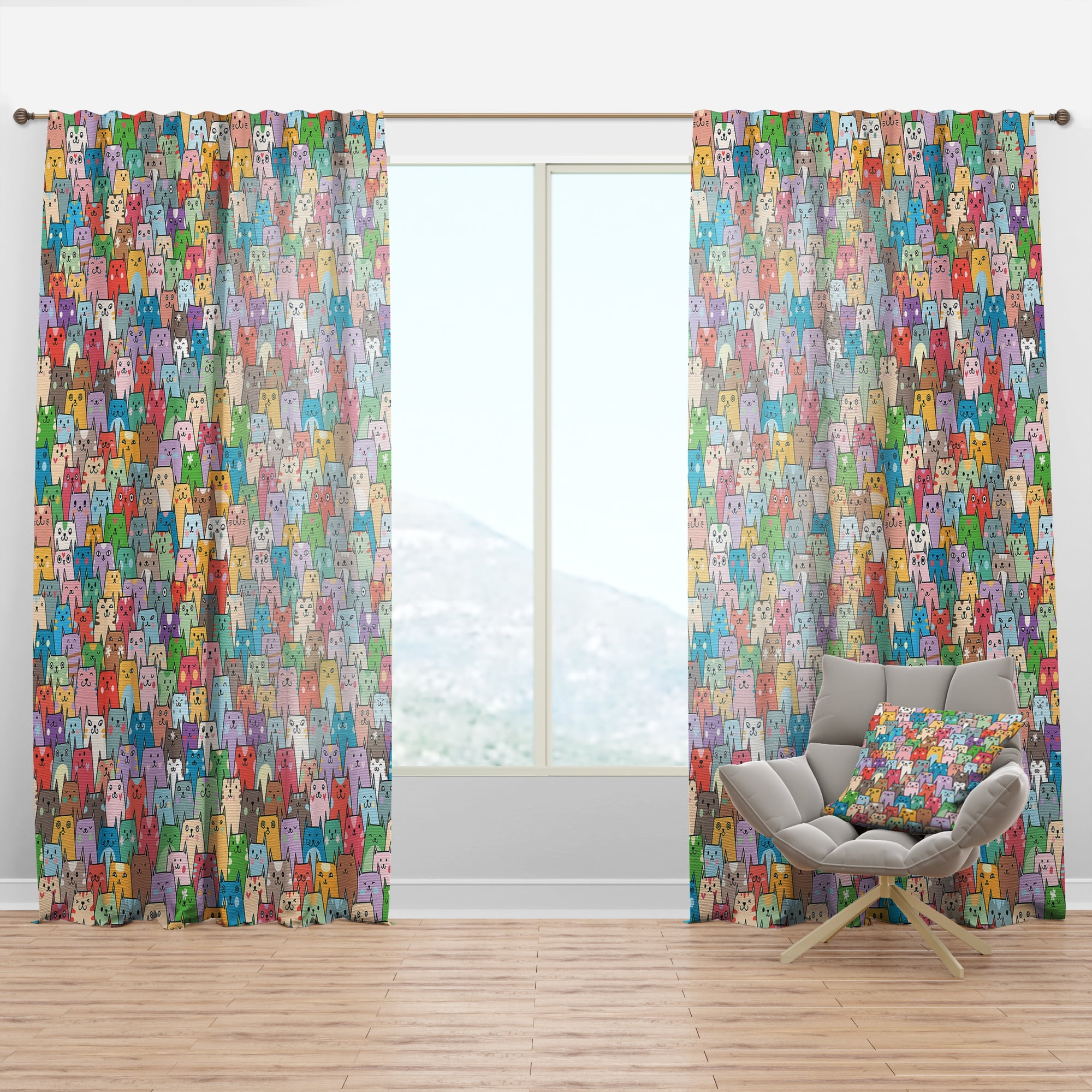 Designart 'Funny CatS Heads Collage Pattern ' Modern Curtain Panel