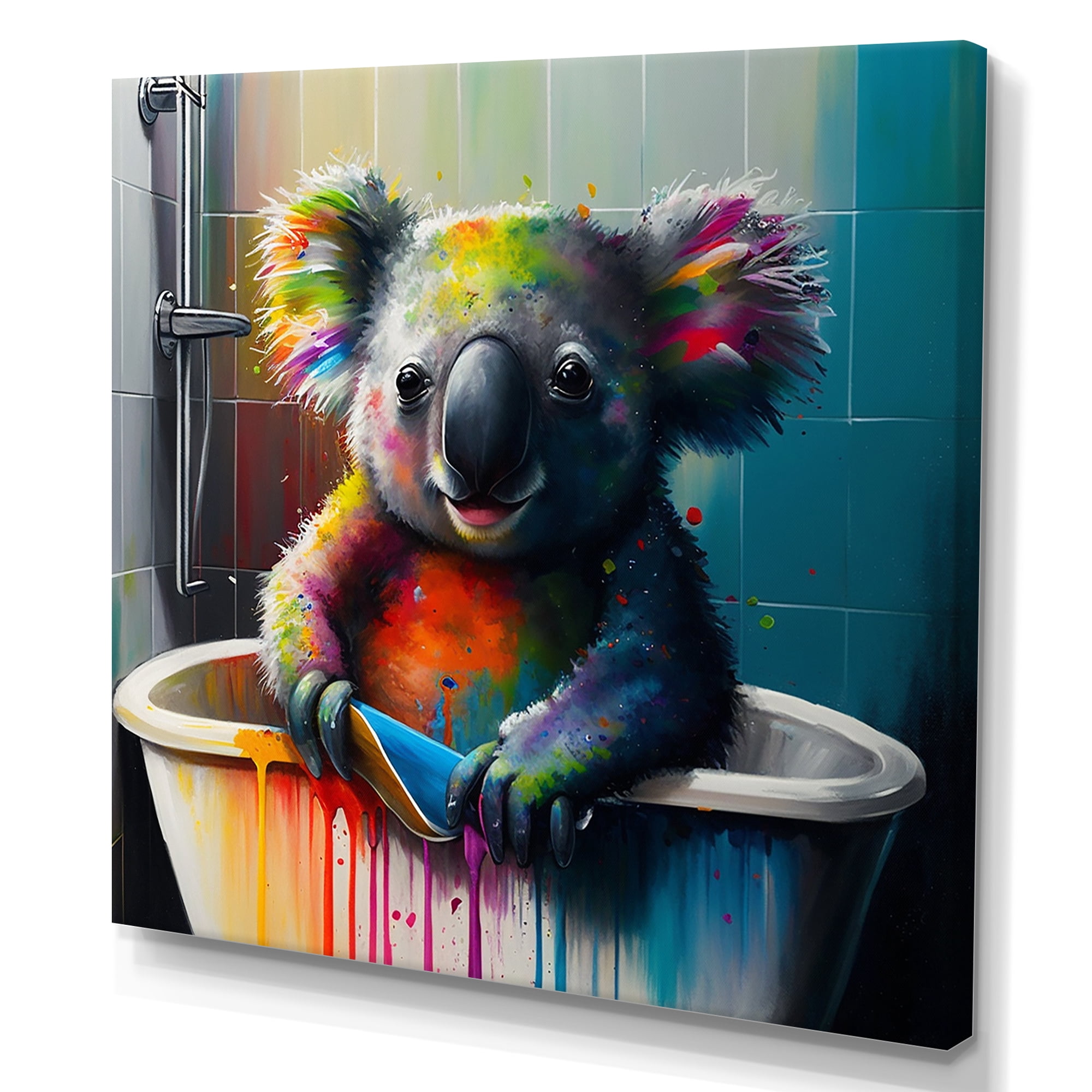 Designart Funny Colorful Koala Splashing In The Tub Canvas Wall Art