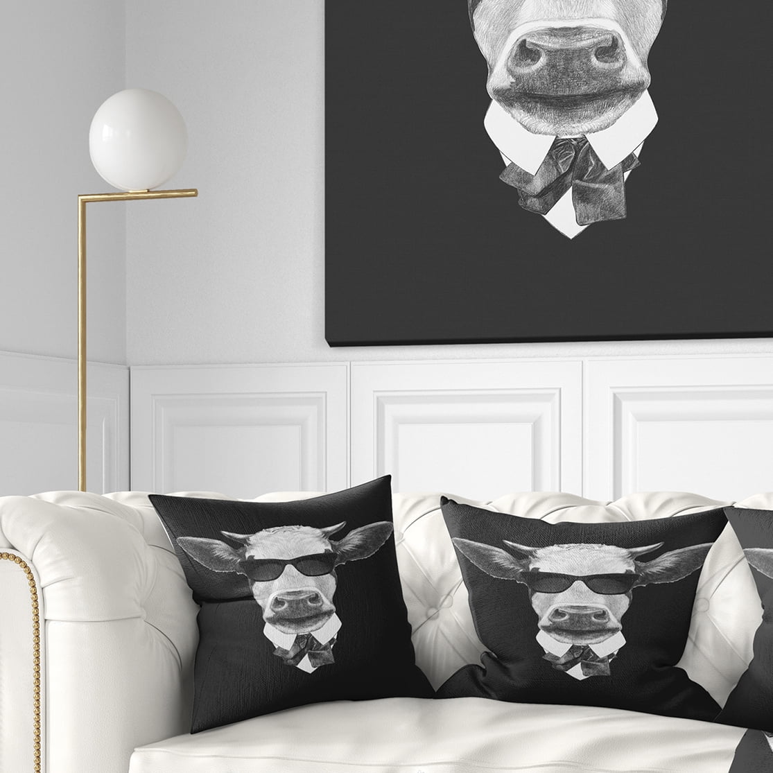 Designart Funny Cow in Suit with Glasses - Animal Throw Pillow - 16x16