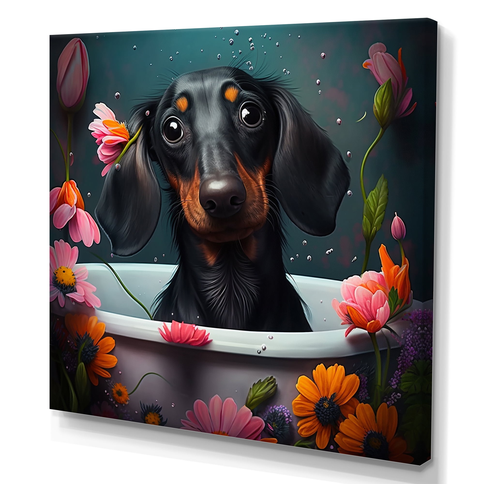 Designart Funny Dog In The Bath With Blooming Flowers I Canvas Wall Art