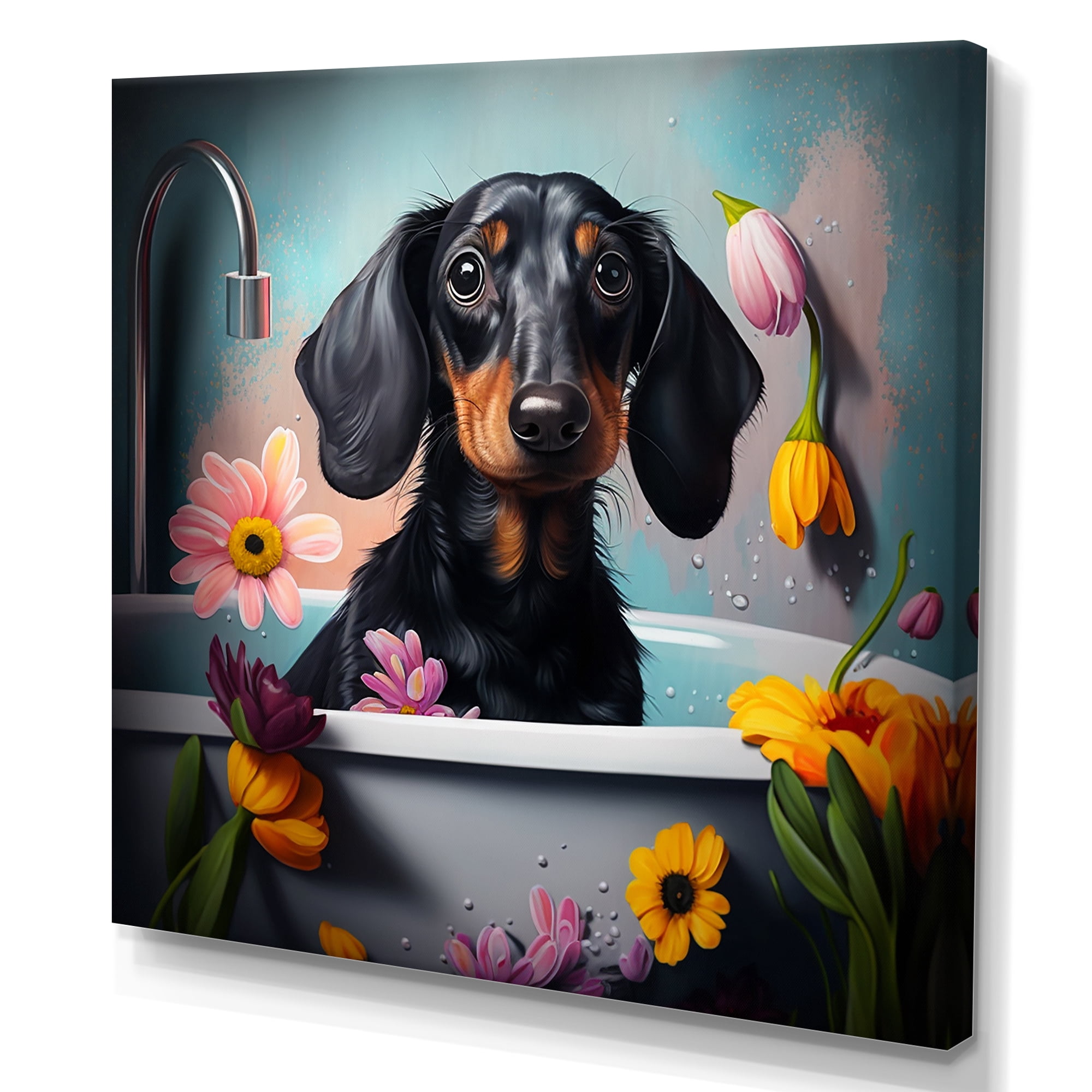 Designart Funny Dog In The Bath With Blooming Flowers II Canvas Wall Art