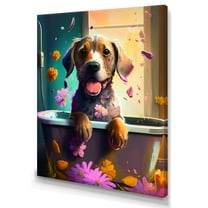 Designart Funny Dog In The Bath With Blooming Flowers IV Canvas Wall Art
