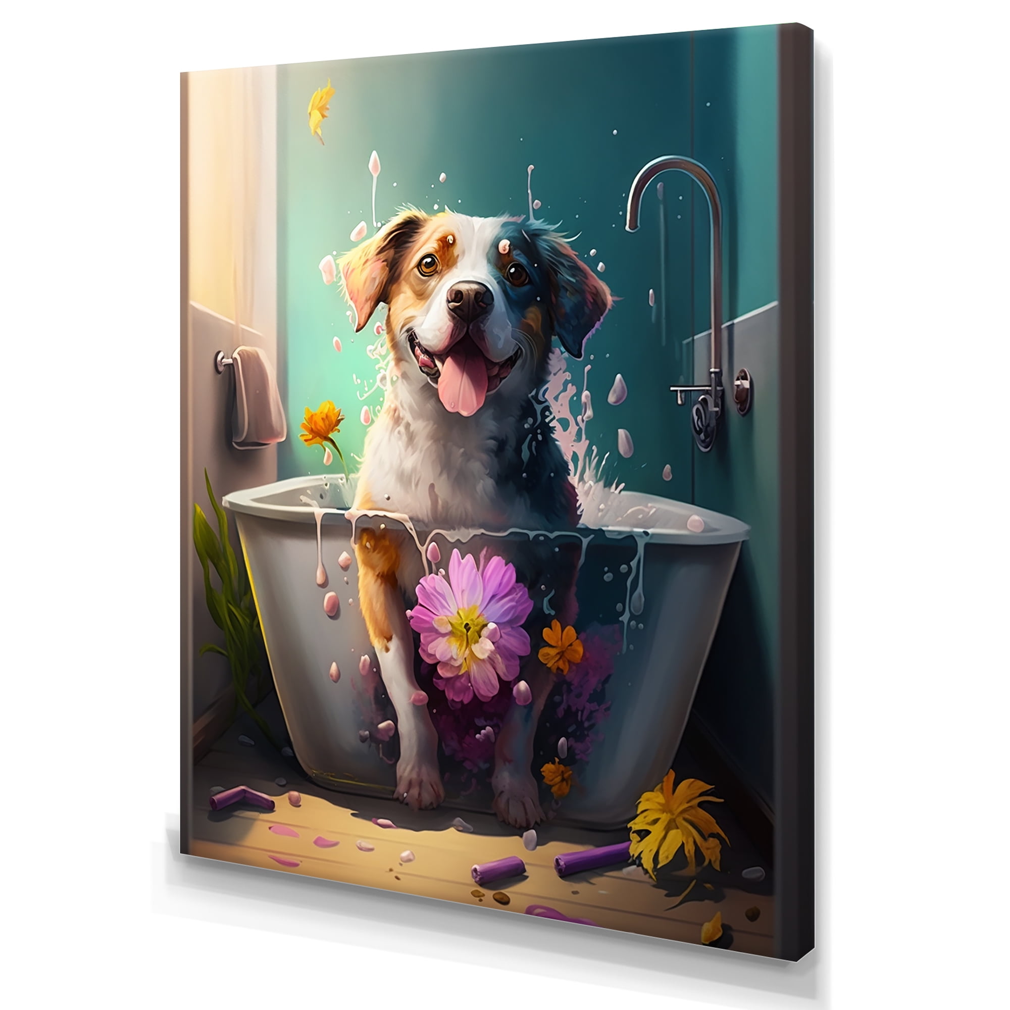 Designart Funny Dog In The Tub II Canvas Wall Art
