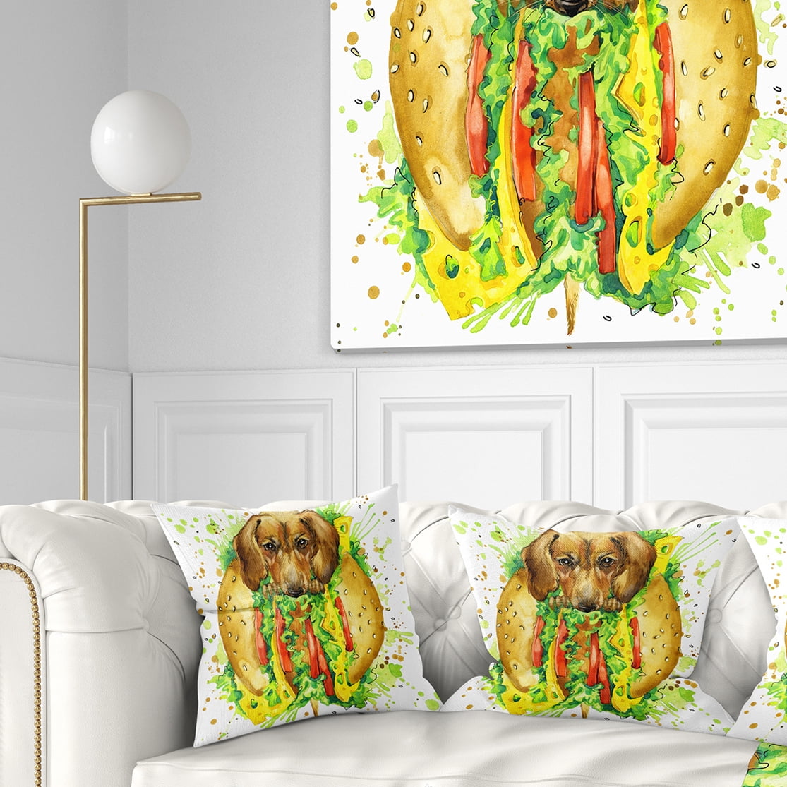 Designart Funny Dog inside Sandwich - Contemporary Animal Throw Pillow - 18x18