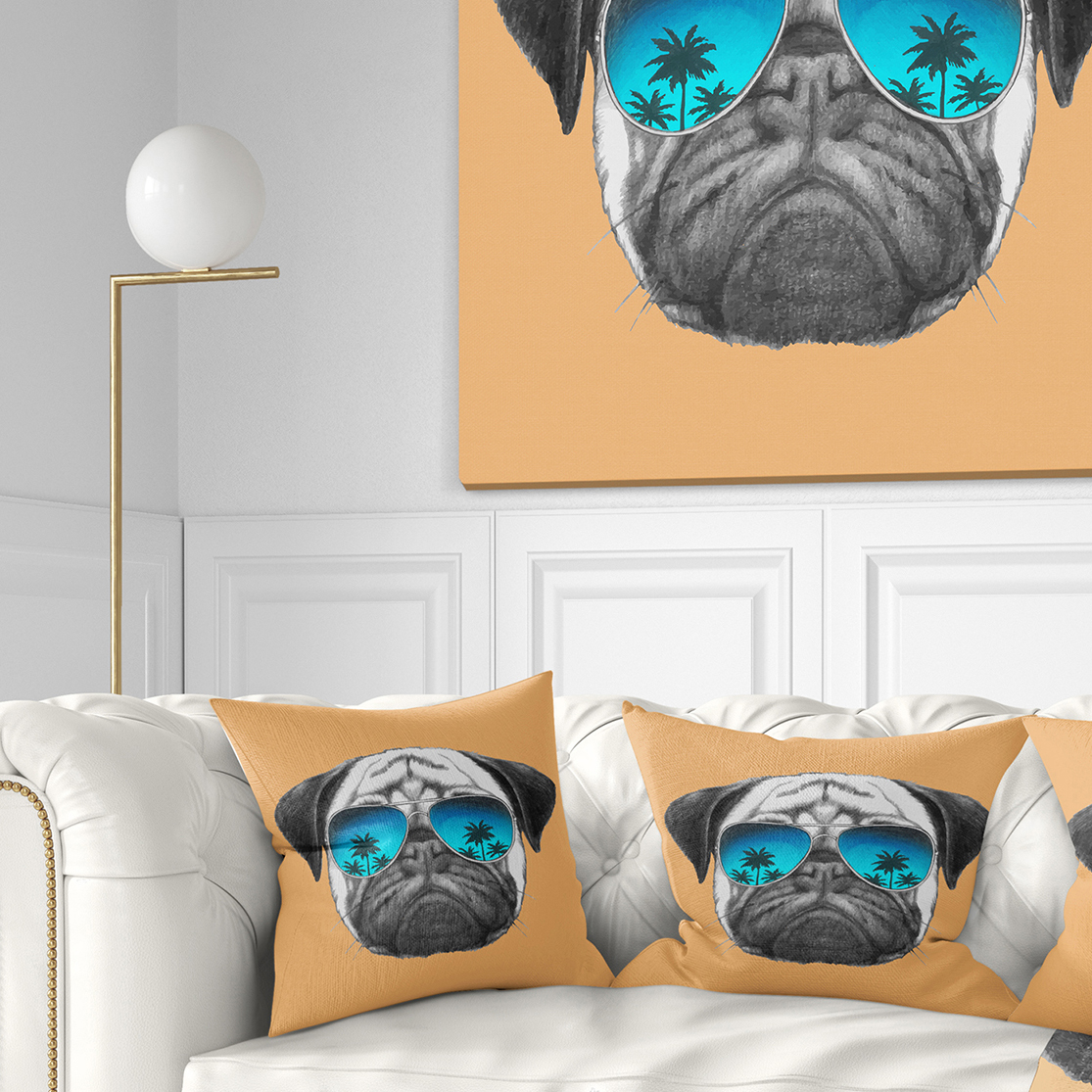 Designart Funny Dog with Blue Glasses - Animal Throw Pillow - 18x18