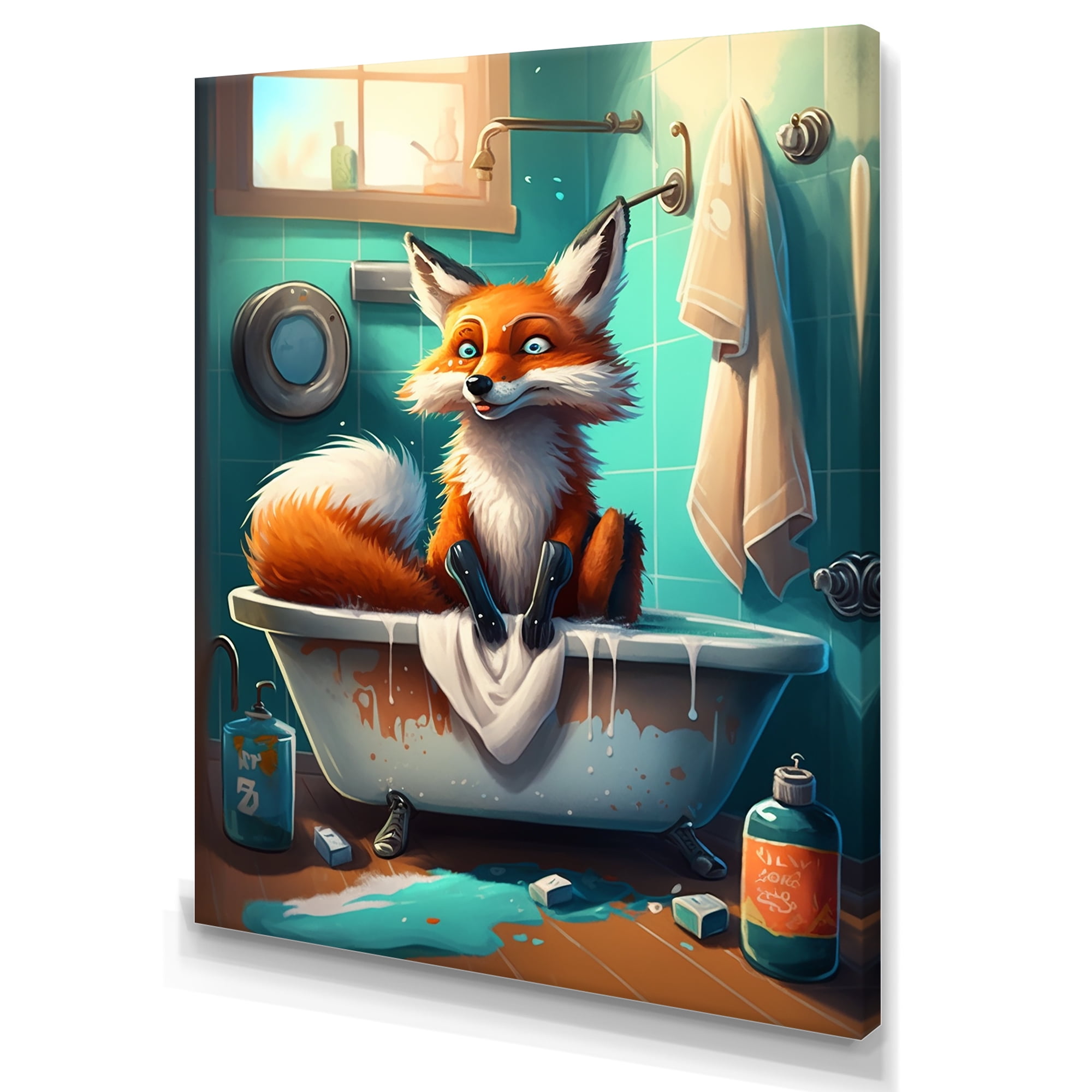 Designart Funny Fox Making A Mess In The Bathroom I Canvas Wall Art