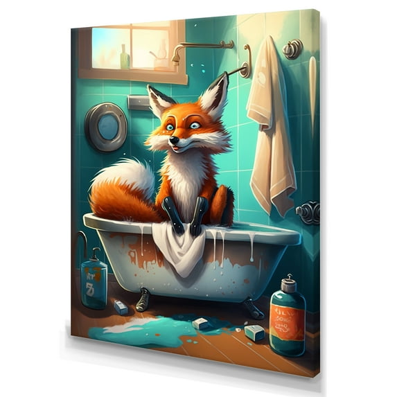 Designart Funny Fox Making A Mess In The Bathroom I Canvas Wall Art