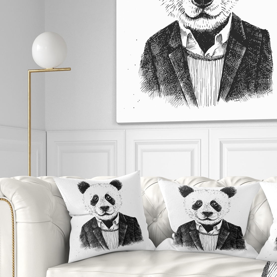 Designart Funny Hipster Panda Black White - Animal Throw Pillow - 18x18