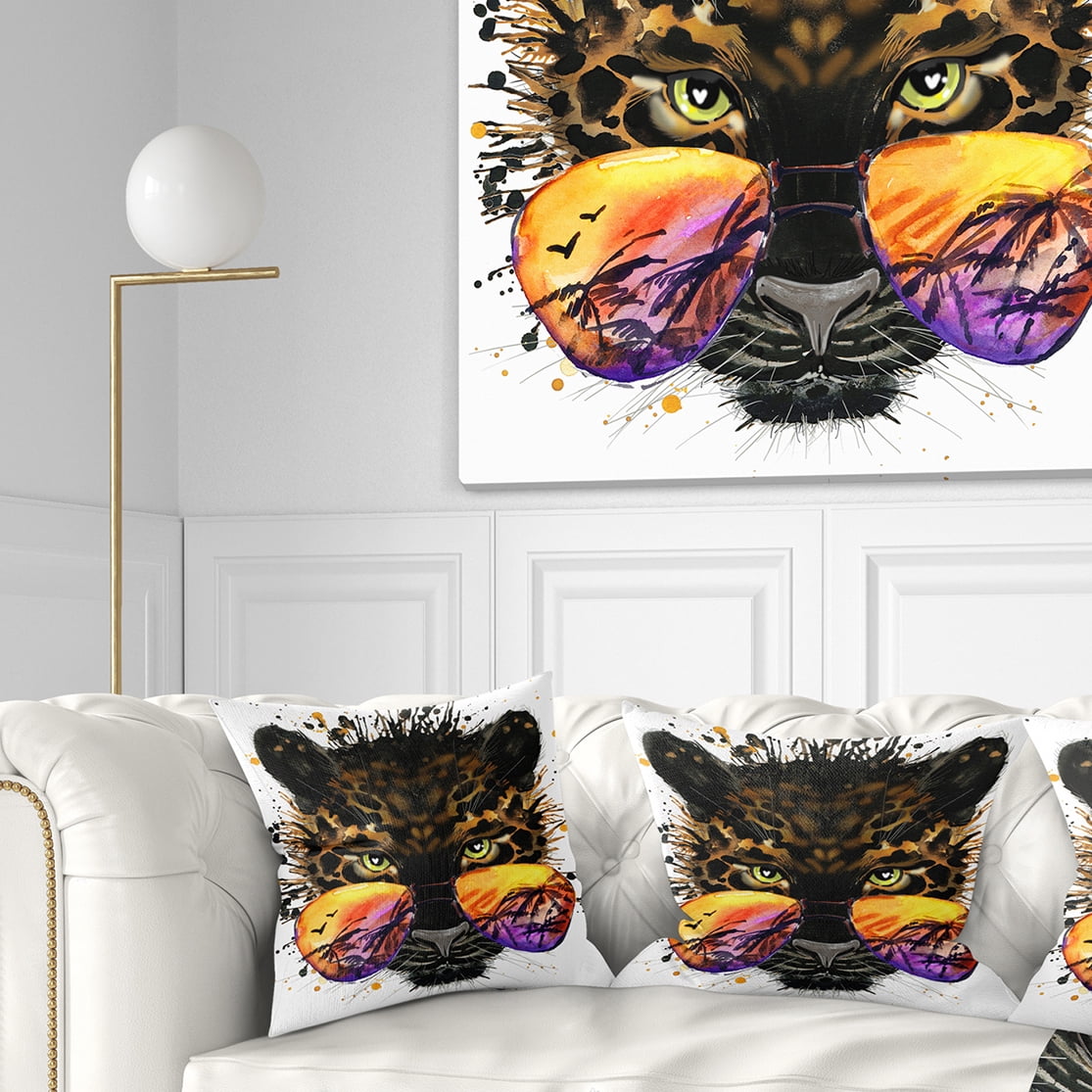Designart Funny Jaguar with Sunglasses - Contemporary Animal Throw Pillow - 18x18