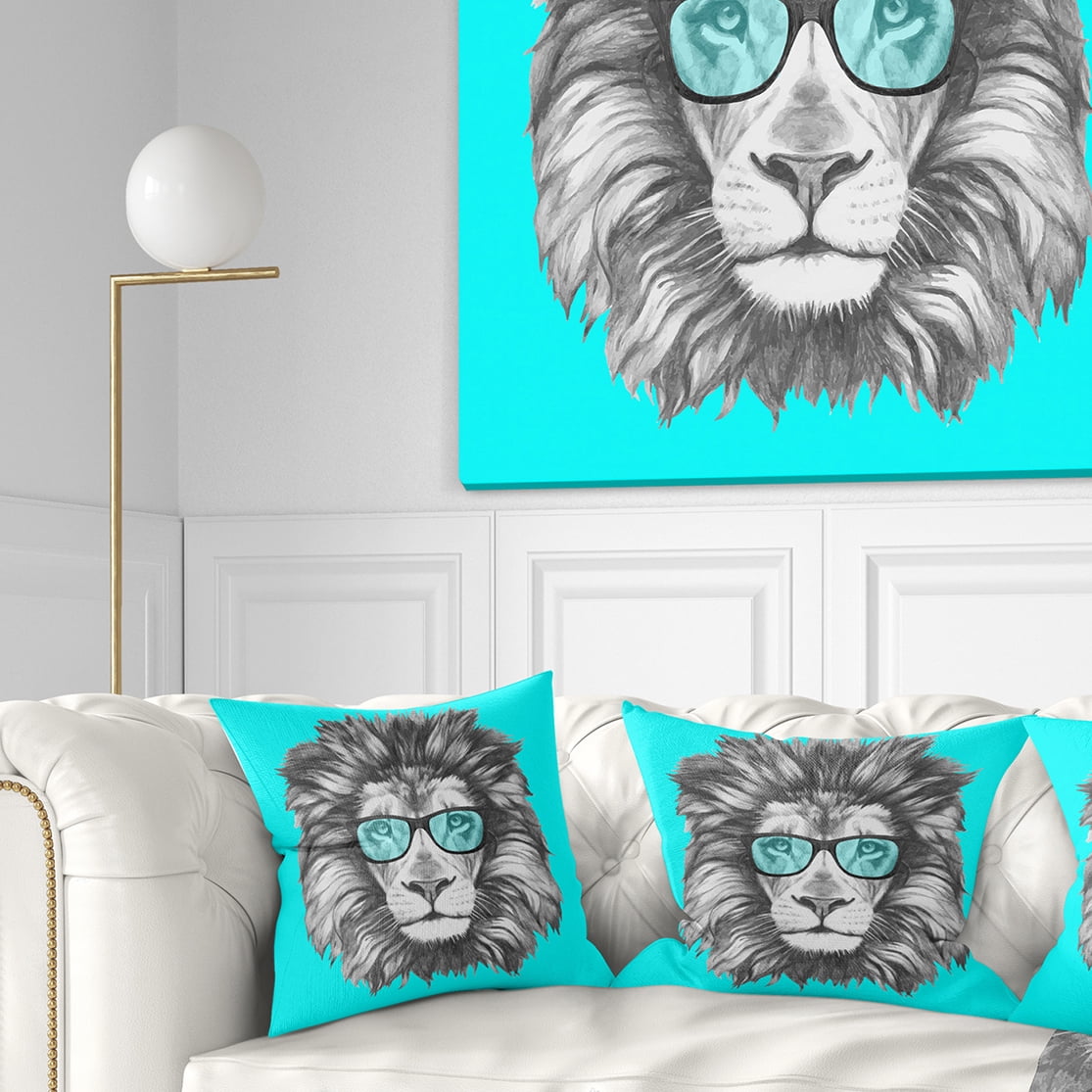 Designart Funny Lion with Blue Glasses - Animal Throw Pillow - 16x16