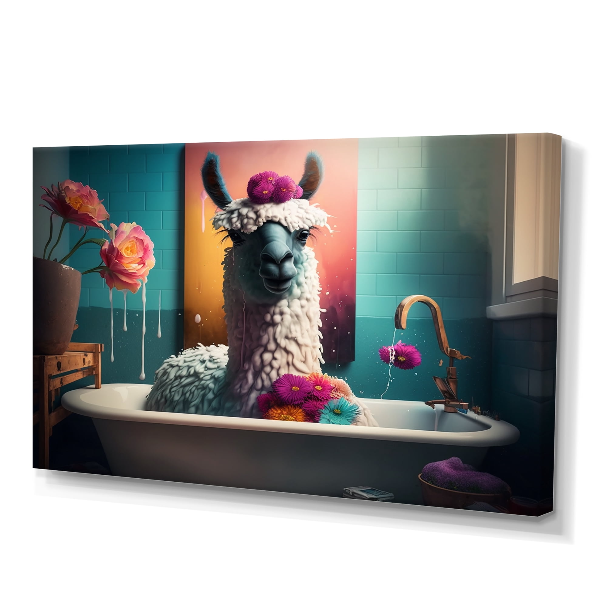 Designart Funny Llama In The Bath III Canvas Wall Art