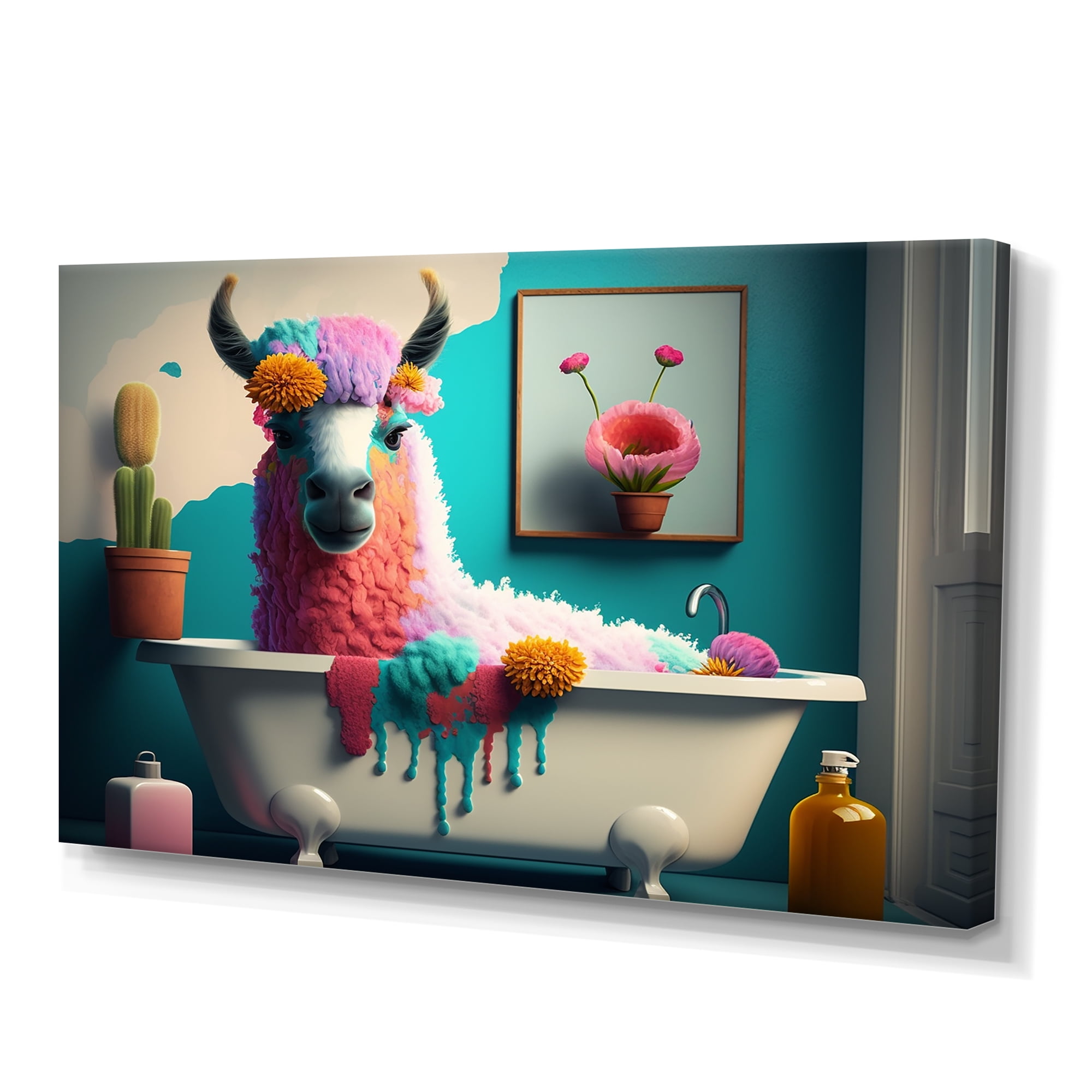 Funny Llama in Bath Colorful Canvas Wall Art 32 x 16