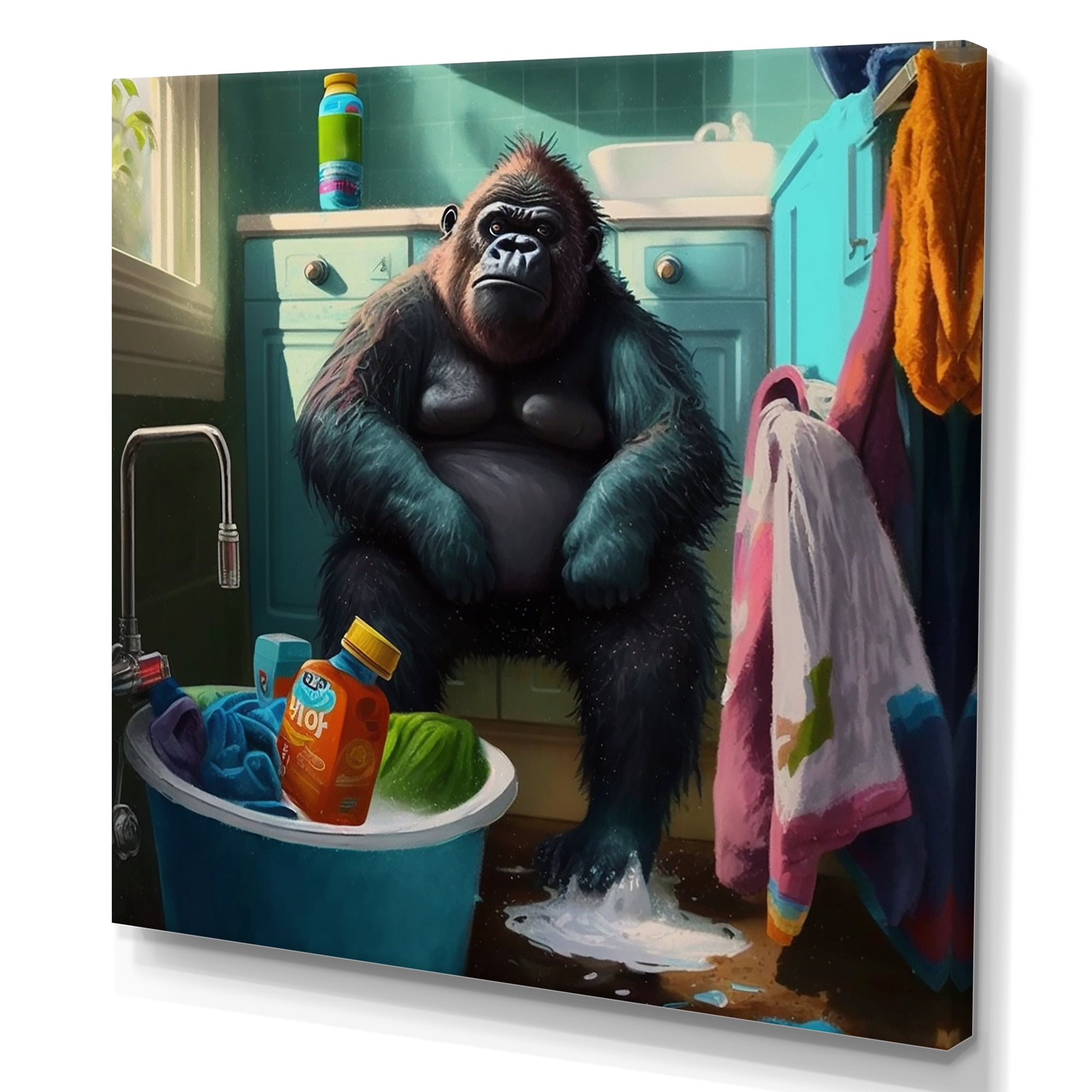 Designart Funny Monkey Doing Laundry Canvas Wall Art