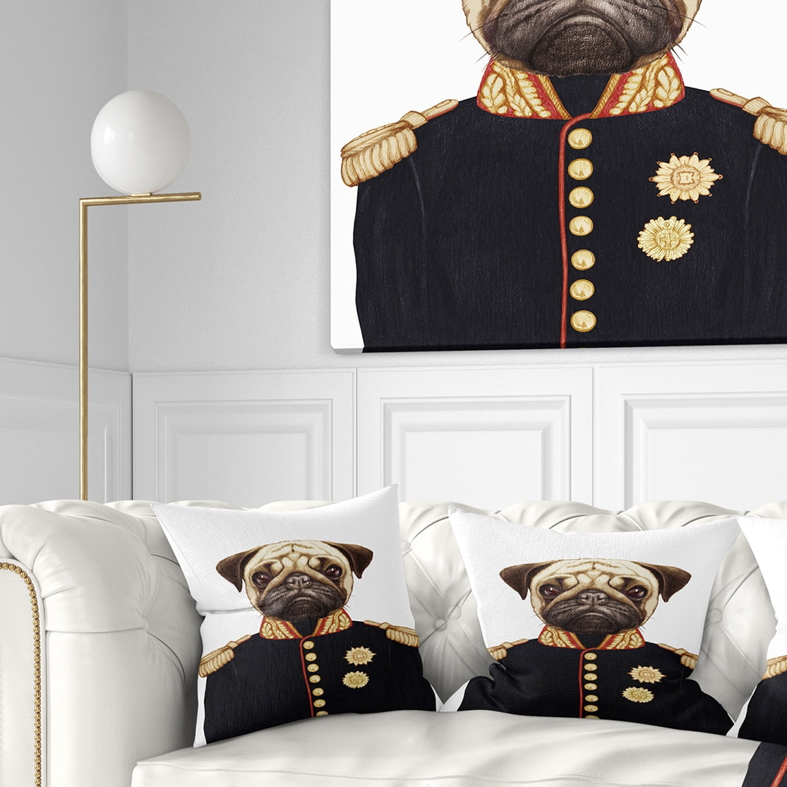 Designart Funny Pug Dog in Military Uniform - Animal Throw Pillow - 18x18