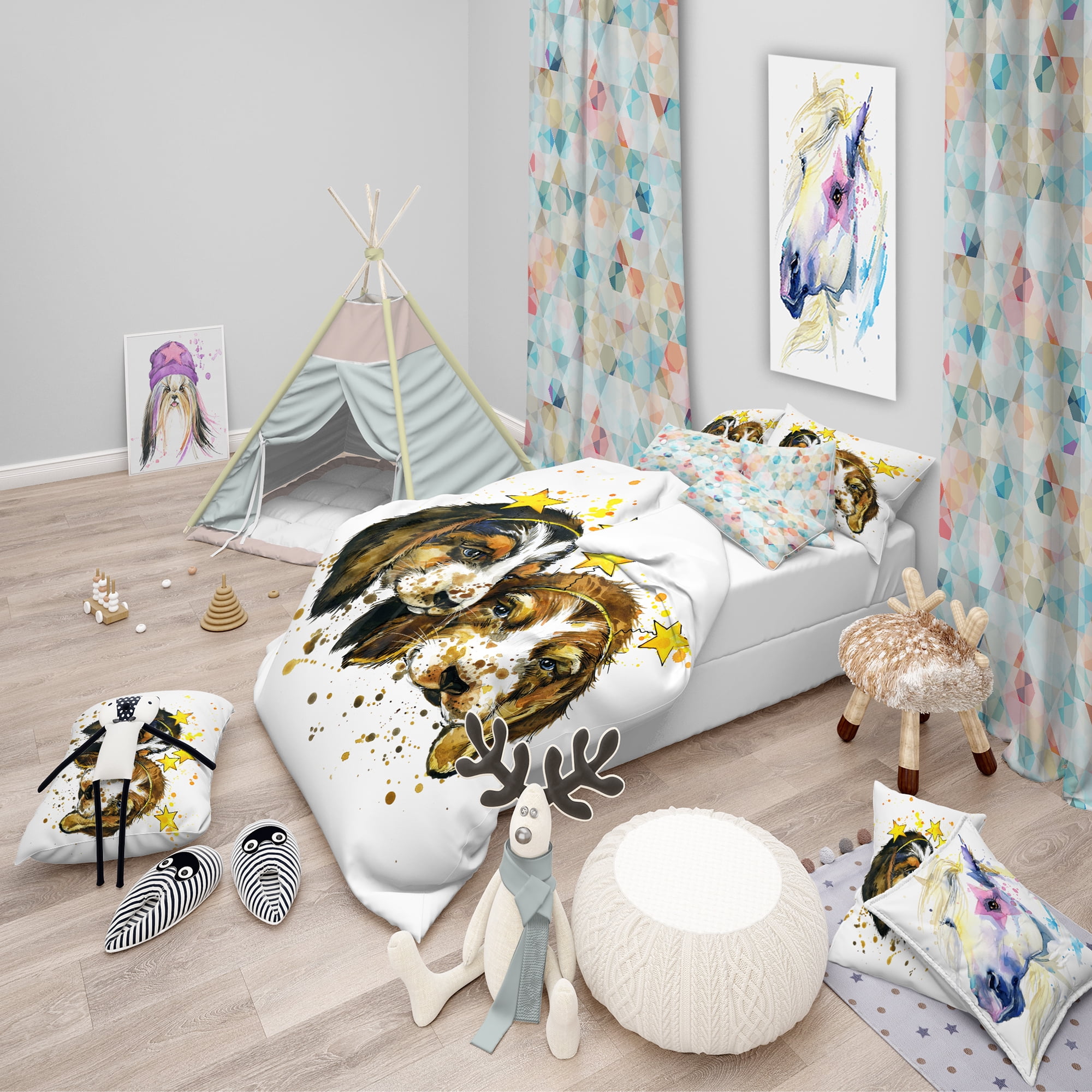 Designart 'Funny Puppy Dogs Watercolor' Modern & Contemporary Duvet Cover Set