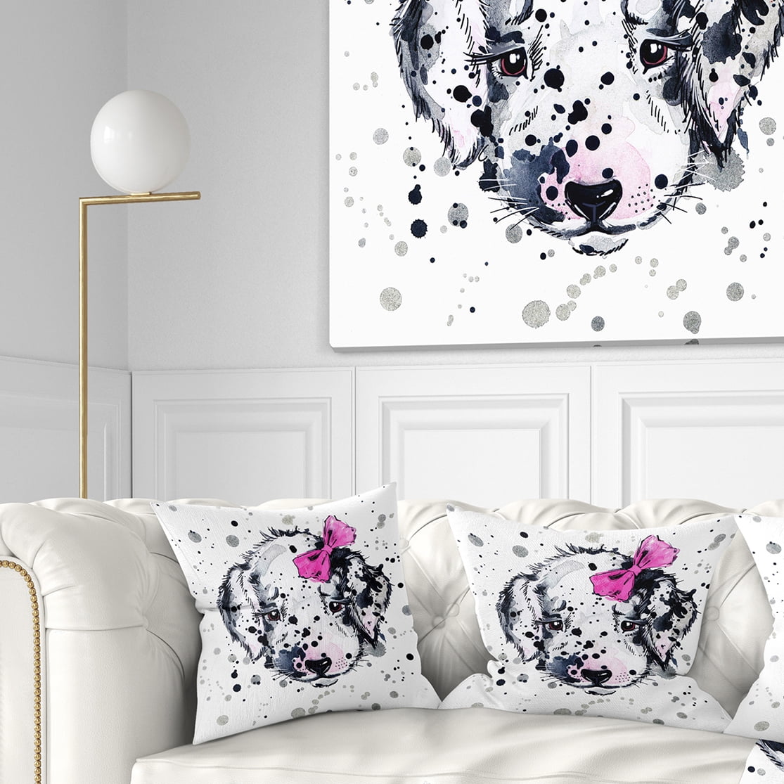 Designart Funny Puppy with Pink Hair Band - Contemporary Animal Throw Pillow - 16x16