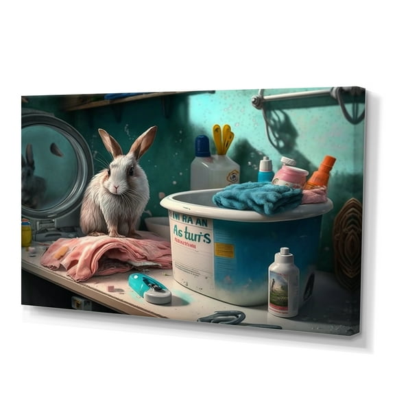 Designart Funny Rabbit Doing Laundry IV Canvas Wall Art