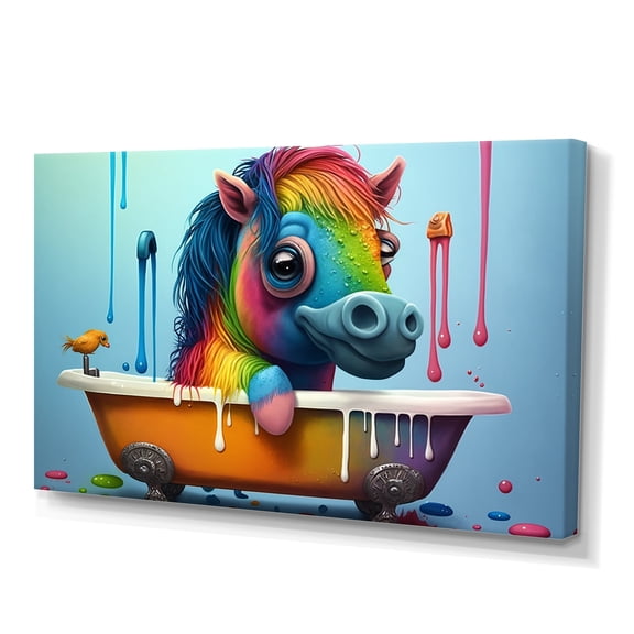 Designart Funny Rainbow Horse Splashing In The Tub I Canvas Wall Art