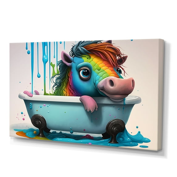 Designart Funny Rainbow Horse Splashing In The Tub II Canvas Wall Art