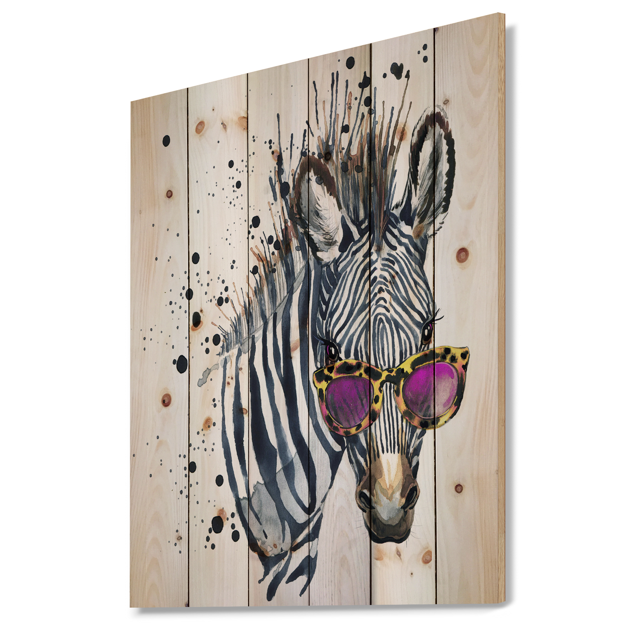 Designart 'Funny Zebra Watercolor' Animal Print on Natural Pine Wood