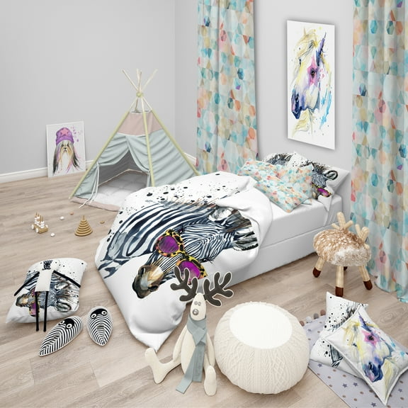 Designart 'Funny Zebra Watercolor' Modern & Contemporary Duvet Cover Set