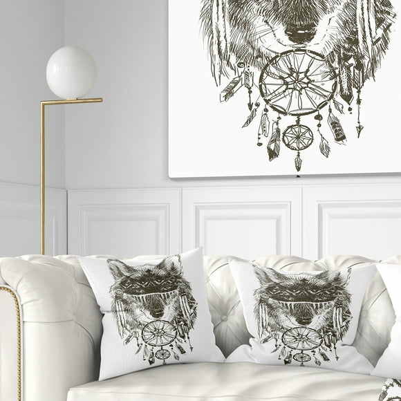 Designart Funny indian Wolf Warrior Watercolor - Contemporary Animal Throw Pillow - 18x18