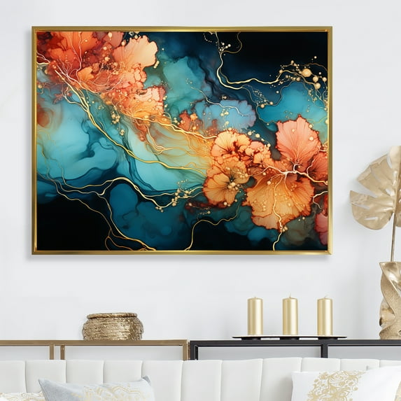 Designart "Fury In Lightning Alcohol Ink" Abstract Liquid Ink Floater Framed Canvas Art Print