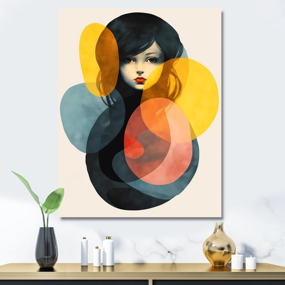 Designart "Fusion Forms Woman Collage in Geometric Style I" Abstract Canvas Wall Art - Modern Yellow Abstract Collages Hallway Wall Art Decor