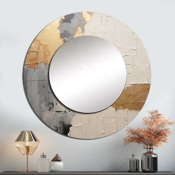 Designart "Fusion Of Gold And Beige Paint" Abstract Painting Round Mirror Wall Decor Modern - Large Beige Round Bathroom Mirror - Round Mirror - 36" x 36"