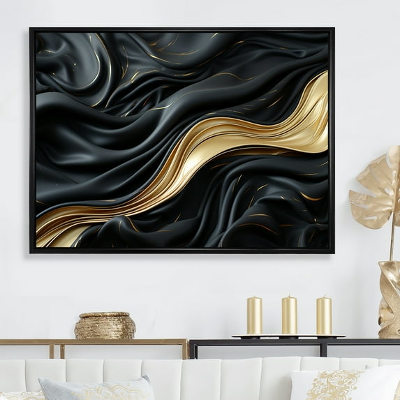 Designart "Fusion Of Gold And Black Gentle Waves" Abstract Shapes Floater Framed Canvas Art Print