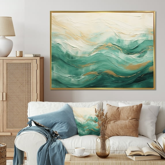 Designart "Fusion Of Gold And Black Gentle Waves V" Abstract Shapes Floater Framed Wall Art Living Room