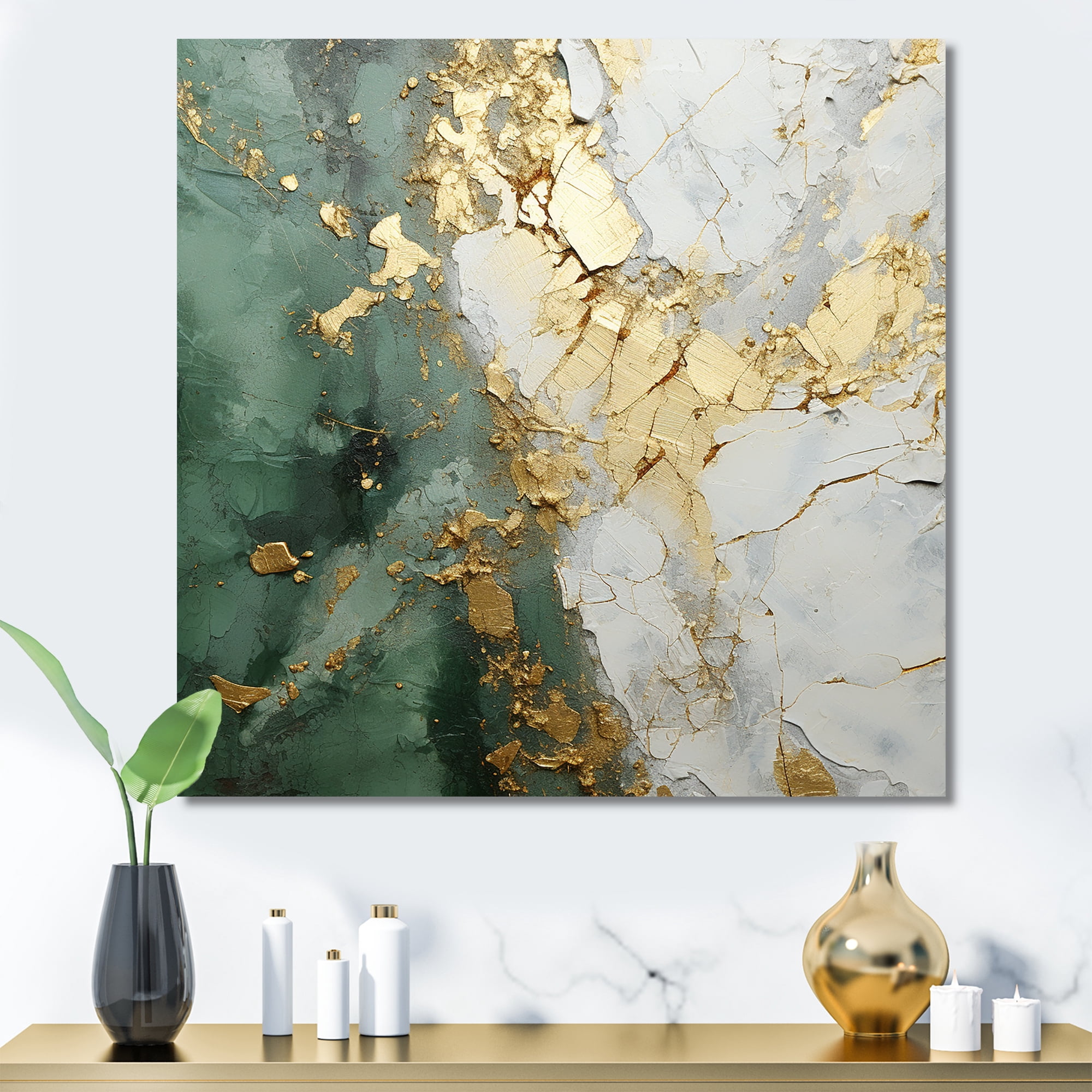 Designart "Fusion Of Gold And Green Paint" Abstract Painting Wall Art ...