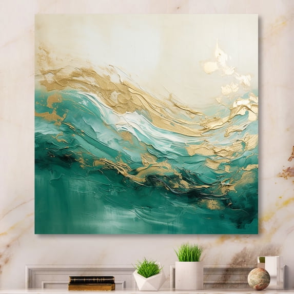 Designart "Fusion Of Gold And Green Tranquil Waves II" Abstract Shapes Canvas Prints