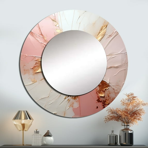 Designart "Fusion Of Gold And Pink Paint" Abstract Painting Rund Mirror For Wall Decor - Large Beige Round Printed Mirror - Modern Round Office Mirror - 23" x 23"