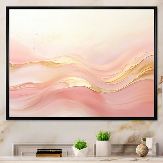 Designart "Fusion Of Gold And Pink Serene Waves II" Abstract Shapes Floater Framed Wall Art Prints