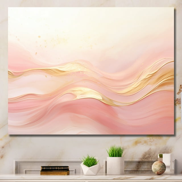 Designart "Fusion Of Gold And Pink Serene Waves II" Abstract Shapes Wall Art Prints
