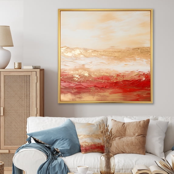 Designart "Fusion Of Gold And Red Calm Waves I" Abstract Shapes Floater Framed Wall Decor