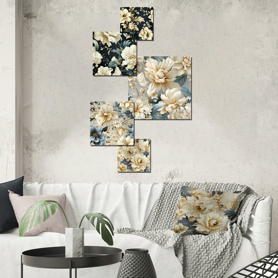 Designart "Fusion Of Neo-Victorian V" Floral Wall Art Set Of 5 - Blue Cottage Wall Living Room Decor Set