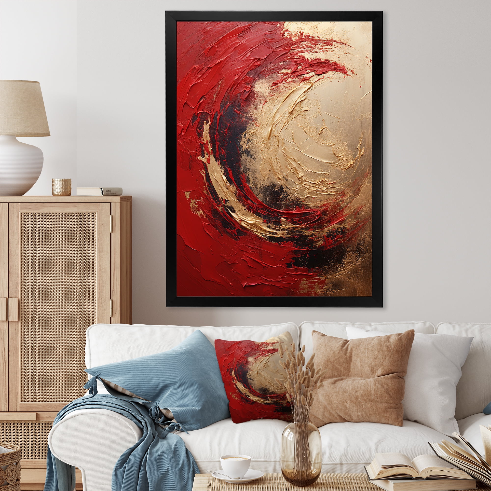 Red and Gold Abstract Spiral Canvas Print with Black Frame