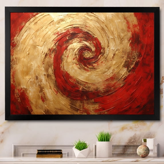 Designart "Fusion Spiral In Red And Gold III" Abstract Spirals Picture Framed Canvas Wall Art