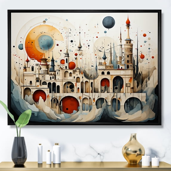 Designart "Fusion Temple Of Surreal Cultures" Surrealism landscape Floater Framed Canvas Wall Art