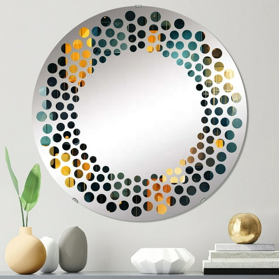 Designart "Fusion of Yellow and Teal Abstract Geometrics II" Geometric Polka Dot Round Wall Mirror - Oval Printed Decorative Mirror - Multiple Color Options