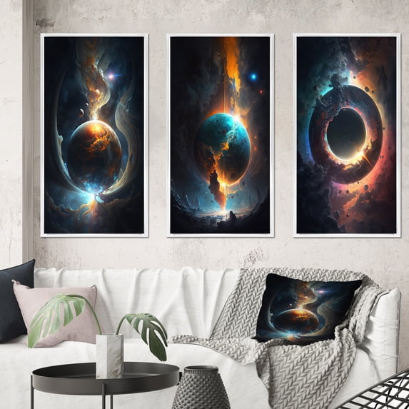 Designart "Fusion in Deep Space IV" Outer Space Framed Wall Art Set Of 3 - Blue Space Landscapes Frame Canvas Set For Living Room Decor