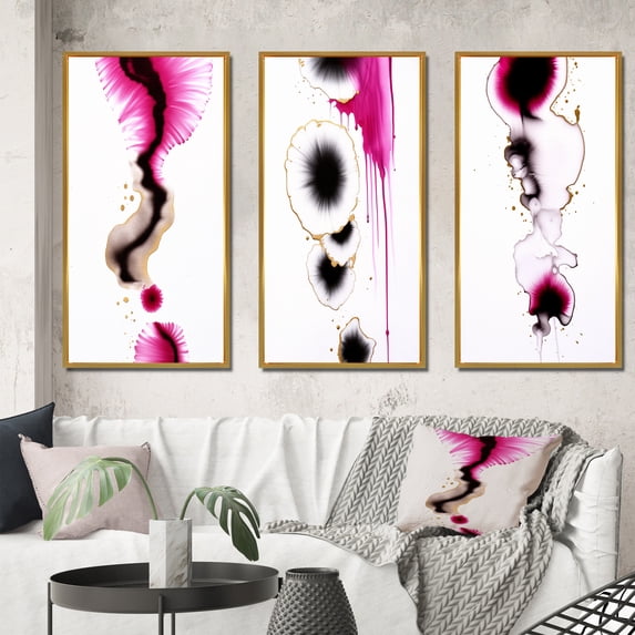 Designart "Fusion in Magenta Minimal Ink Clouds II" Abstract Painting Framed Wall Art Set Of 3 - Black Modern Frame Gallery Wall Set For Home Decor