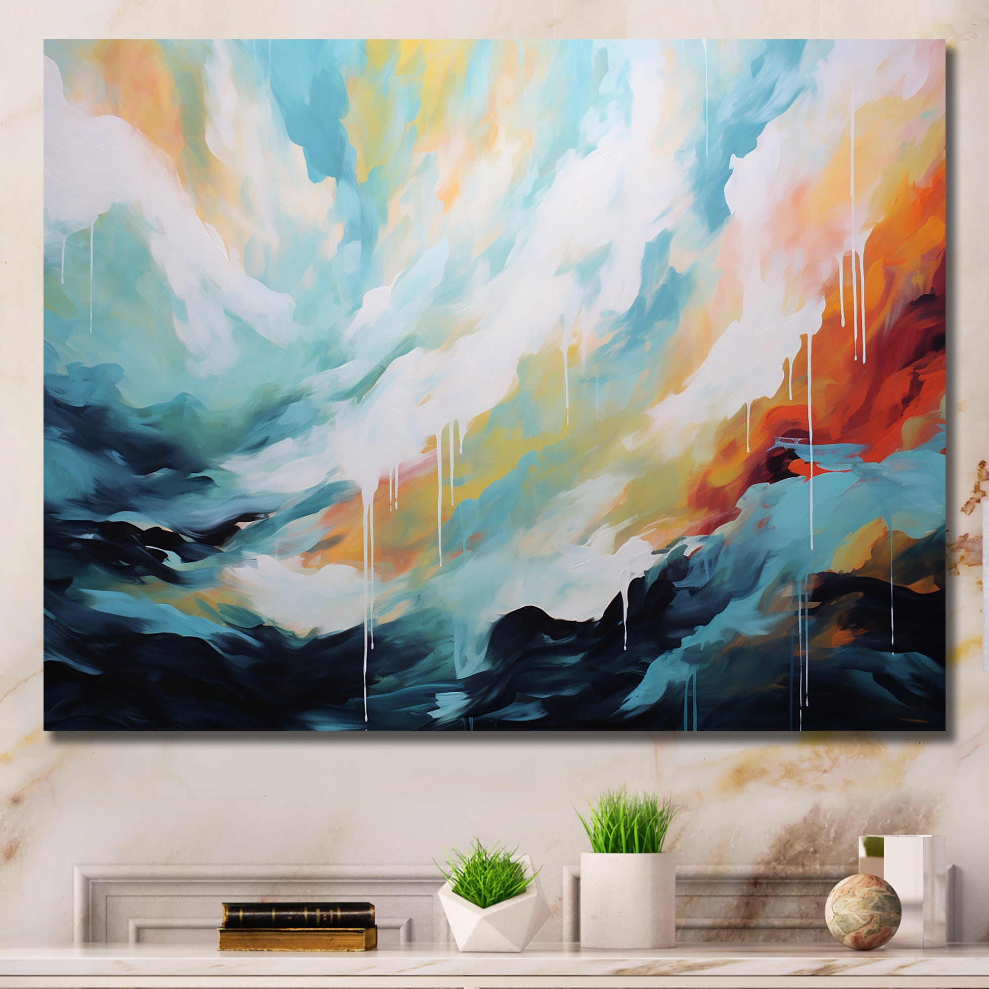 Azure Blue and White Abstract Canvas Wall Art, 32" x 24"