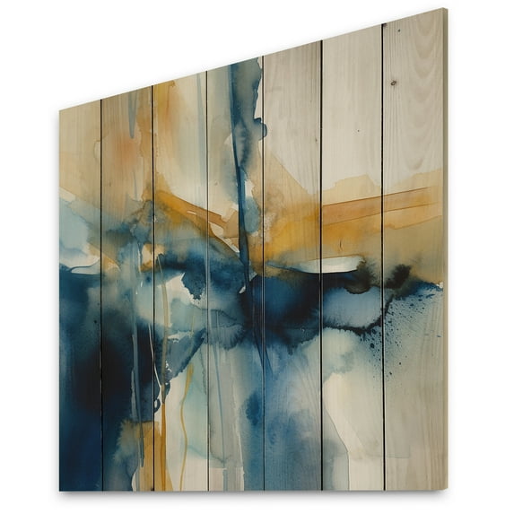 Designart "Fusion of Blue and Gold IV" Fractals Print on Natural Pine Wood