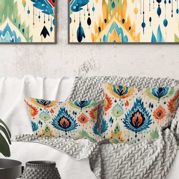 Designart "Fusion of Blue and Orange Ikat Mosaic" Ikat Printed Throw Pillow