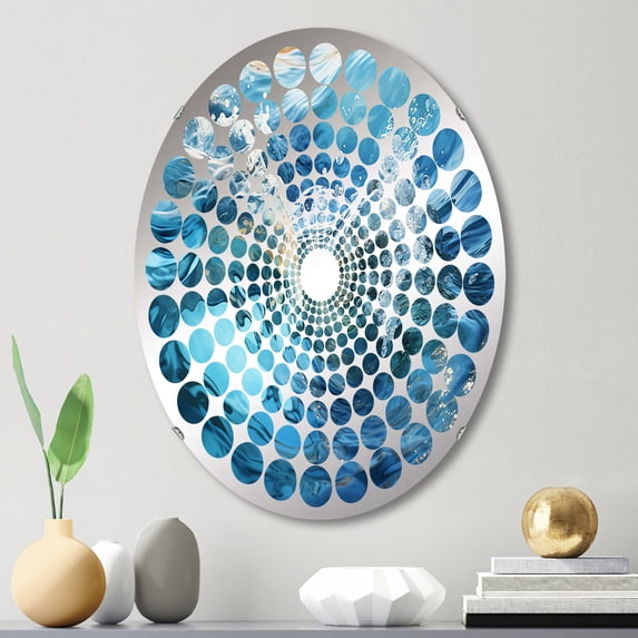 Designart "Fusion of Marine Blue and White IV" Ocean Radial Dot Round Wall Mirror - Coastal Oval Printed Decorative Mirror - Multiple Color Options